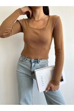 Kadın Kare Yaka Crop Basic Triko Bluz