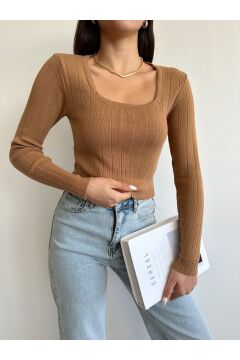 Kadın Kare Yaka Crop Basic Triko Bluz