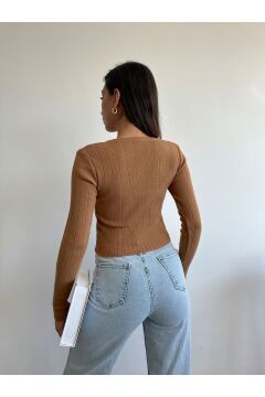 Kadın Kare Yaka Crop Basic Triko Bluz