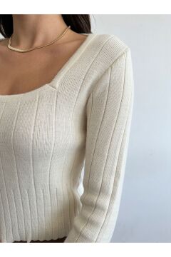 Kadın Kare Yaka Crop Basic Triko Bluz