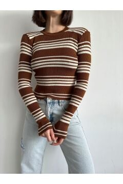 Kadın Bisiklet Yaka Çizgili Crop Basic Triko Kazak