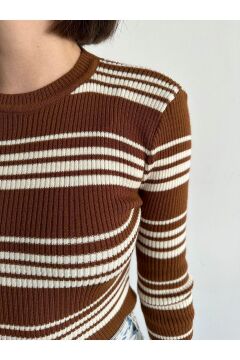 Kadın Bisiklet Yaka Çizgili Crop Basic Triko Kazak