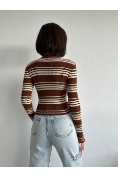Kadın Bisiklet Yaka Çizgili Crop Basic Triko Kazak