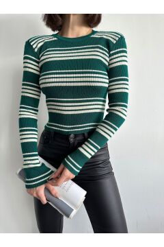 Kadın Bisiklet Yaka Çizgili Crop Basic Triko Kazak