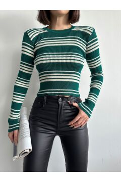 Kadın Bisiklet Yaka Çizgili Crop Basic Triko Kazak