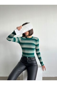 Kadın Bisiklet Yaka Çizgili Crop Basic Triko Kazak