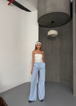 Kadın Çizgili Pamuklu Bol Pantolon Mavi - XL