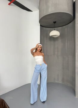 Kadın Çizgili Pamuklu Bol Pantolon Mavi - XL