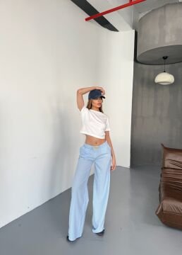 Kadın Çizgili Pamuklu Bol Pantolon Mavi - XL