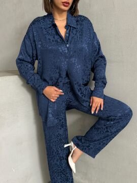 Kadın Leopar Desenli Oversize Saten Takım