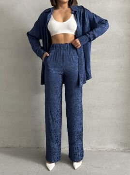Kadın Leopar Desenli Oversize Saten Takım