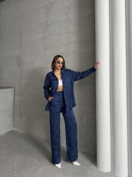 Kadın Leopar Desenli Oversize Saten Takım