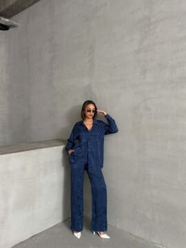 Kadın Leopar Desenli Oversize Saten Takım