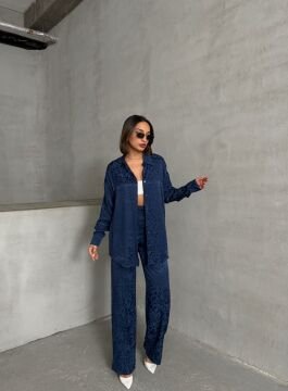 Kadın Leopar Desenli Oversize Saten Takım