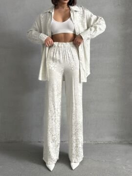 Kadın Leopar Desenli Oversize Saten Takım