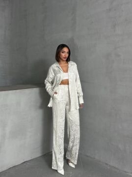 Kadın Leopar Desenli Oversize Saten Takım