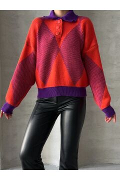 Kadın Oversize Desenli Polo Yaka Kazak