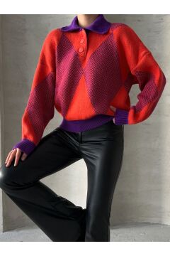 Kadın Oversize Desenli Polo Yaka Kazak