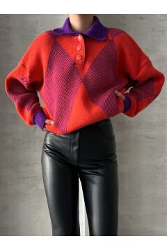 Kadın Oversize Desenli Polo Yaka Kazak