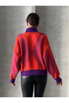 Kadın Oversize Desenli Polo Yaka Kazak