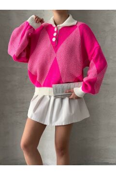 Kadın Oversize Desenli Polo Yaka Kazak