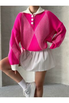 Kadın Oversize Desenli Polo Yaka Kazak