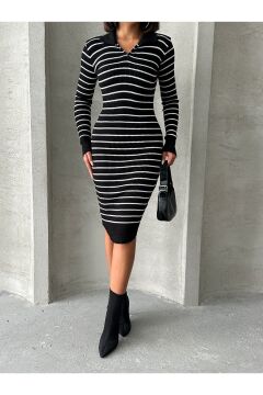 Kadın Çizgili Polo Yaka Midi Triko Elbise
