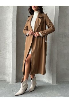 Kadın Kruvaze Yaka Kemerli Uzun Trençkot Camel - L