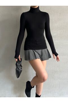 Kadın Parmak Detaylı Balıkçı Yaka Soft Bluz Siyah - L