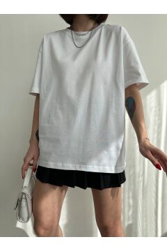 Kadın %100 Pamuklu Oversize Basic T-Shirt Beyaz - S