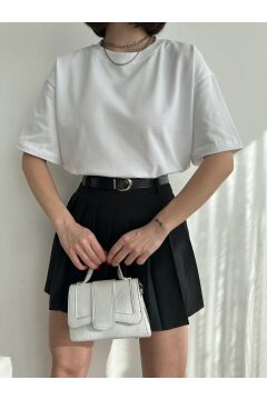 Kadın %100 Pamuklu Oversize Basic T-Shirt Beyaz - S