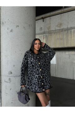 Kadın Leopar Desenli Oversize Hırka