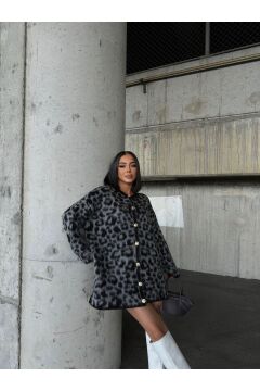 Kadın Leopar Desenli Oversize Hırka