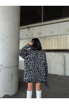 Kadın Leopar Desenli Oversize Hırka