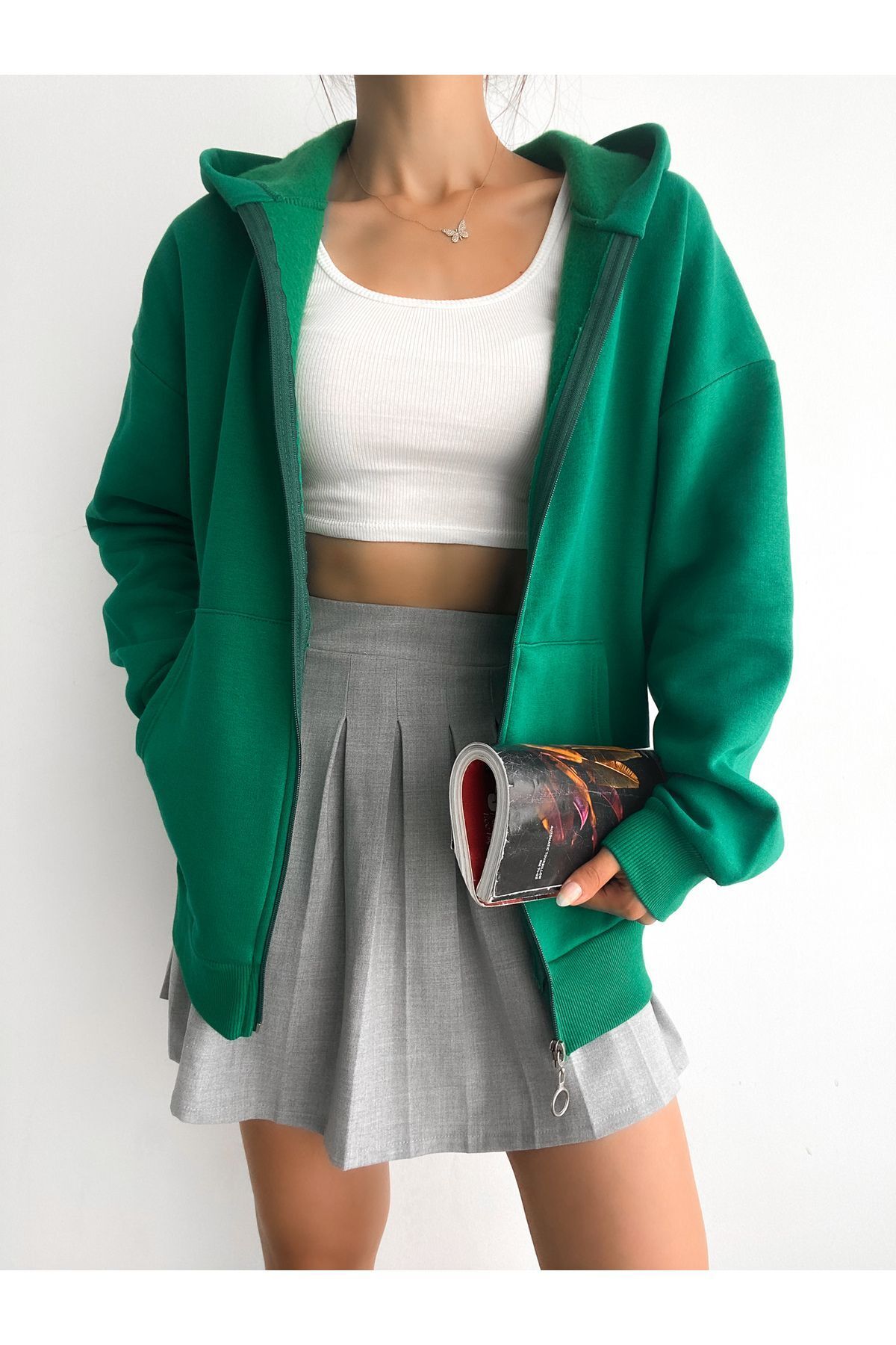 Kadın Fermuarlı Oversize Sweat Hırka Yeşil - L