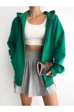 Kadın Fermuarlı Oversize Sweat Hırka Yeşil - L