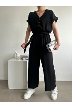 Kadın Düğme Detaylı Kuşaklı Tulum