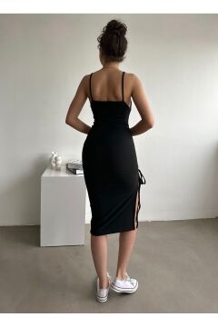 Kadın Askılı Yan Büzgülü Yırtmaçlı Elbise