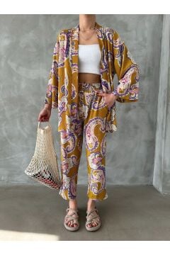 Kadın Hardal Etnik Desenli Kimono Alt Üst Takım