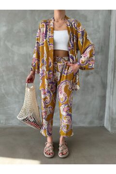 Kadın Hardal Etnik Desenli Kimono Alt Üst Takım