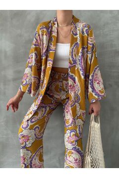 Kadın Hardal Etnik Desenli Kimono Alt Üst Takım