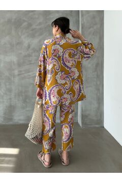 Kadın Hardal Etnik Desenli Kimono Alt Üst Takım