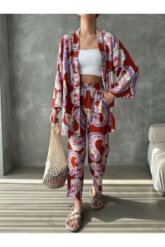 Kadın Hardal Etnik Desenli Kimono Alt Üst Takım