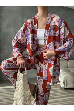 Kadın Hardal Etnik Desenli Kimono Alt Üst Takım
