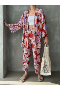Kadın Hardal Etnik Desenli Kimono Alt Üst Takım
