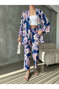 Kadın Hardal Etnik Desenli Kimono Alt Üst Takım