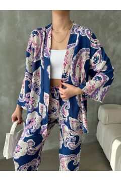 Kadın Hardal Etnik Desenli Kimono Alt Üst Takım