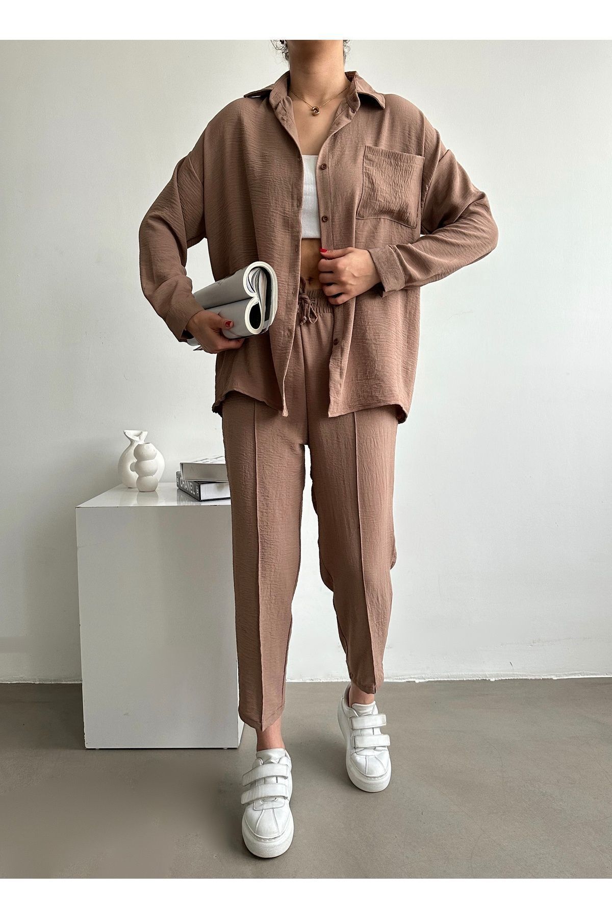 Kadın Oversize Keten Gömlek Pantolon Alt Üst Takım