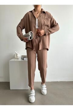Kadın Oversize Keten Gömlek Pantolon Alt Üst Takım