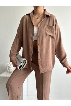 Kadın Oversize Keten Gömlek Pantolon Alt Üst Takım